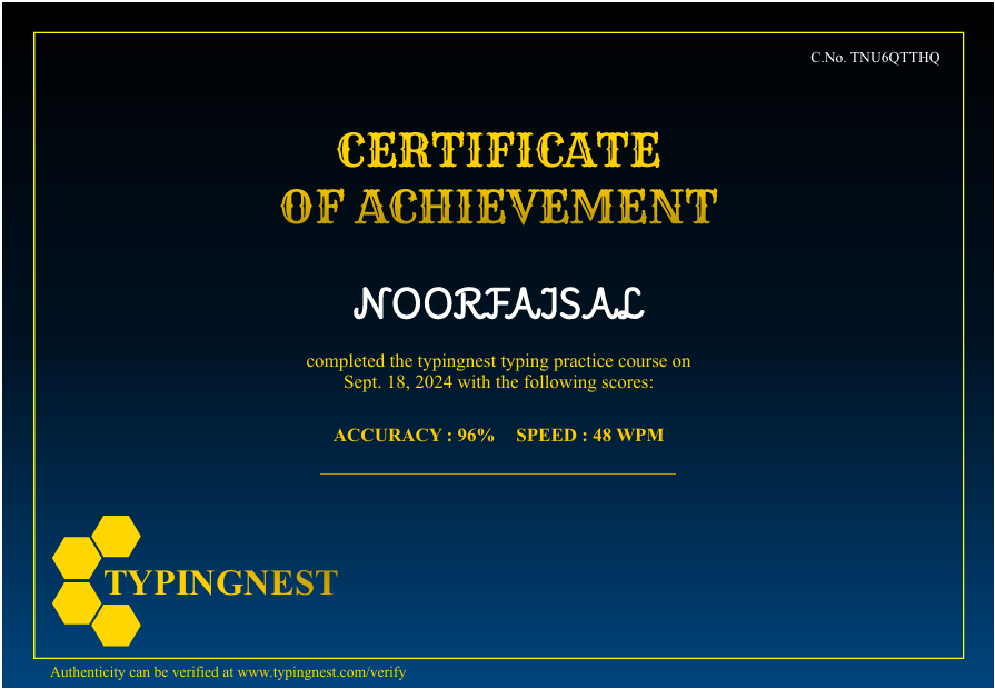 Certificate preview for typing speed and typing accuracy improvement at TypingNest